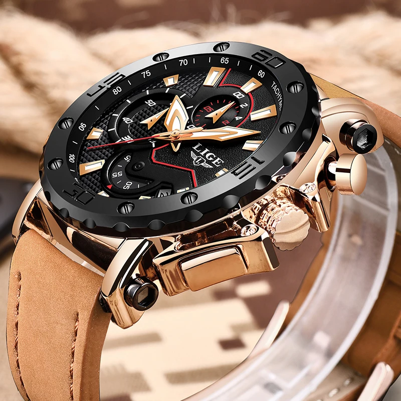 

New LIGE Mens Watches Top Brand Luxury Business Chronograph Quartz Watch Mens Casual Leather Waterproof Watch Relogio masculino