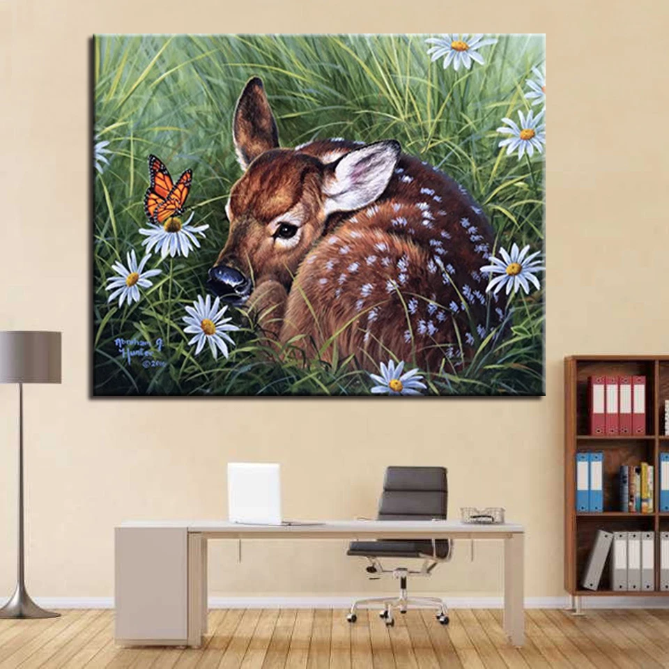 DIY-Oil-Painting-By-Numbers-Coloring-Drawing-Lovely-Sika-Deer-Cowered-On-The-Flowers-Grass-Pictures