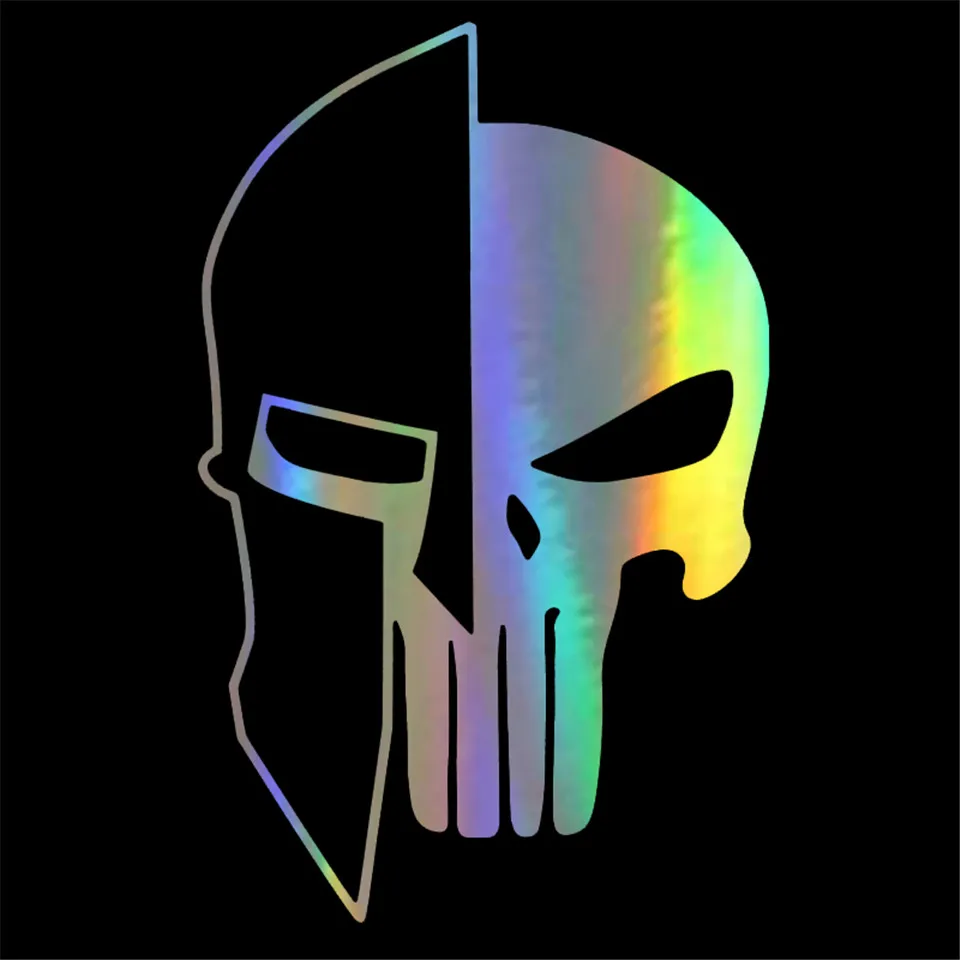 9.7CMX15.2CM Sparta Helmet Punisher Skull Vinyl Motorcycle Decals Car Sticker BlackSilverLaser (4)
