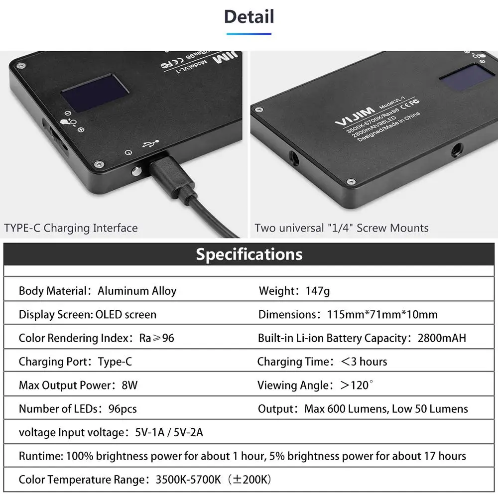 VIJIM VL-1 96 бусин светодиодный осветительный прибор для сьемок 3500 k-5700 k с высоким цветопередающим индексом для iPhone 8 X DSLR r20