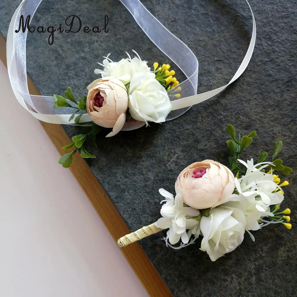 Romantic Wedding Party Rose Silk Flower Boutonniere Corsage Champagne decor