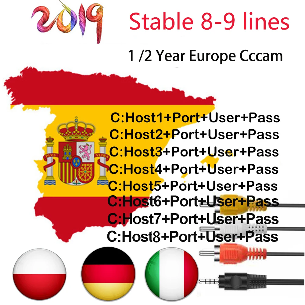 9 линий 1 год Европа Cccam Cline 8 линий 1 год Oscam Cline HD AV кабель для спутникового ресивера DVB-S2 CCam Испания