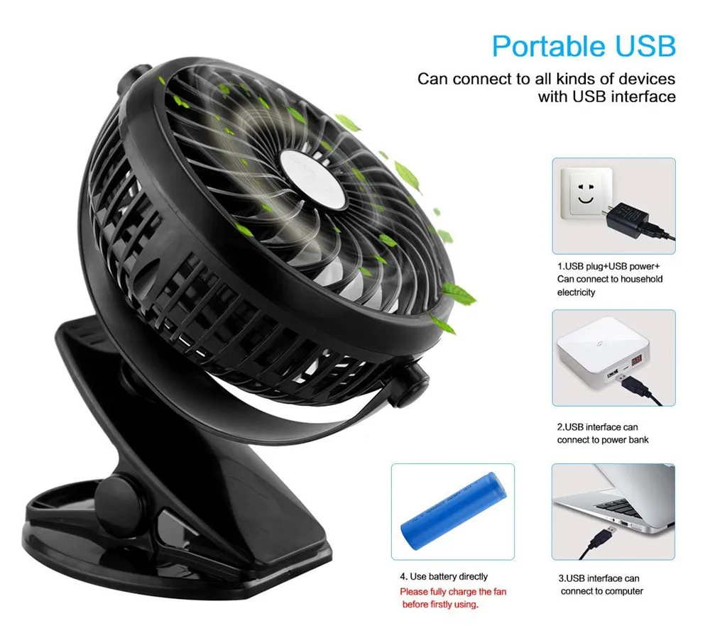 Мини вентилятор Аккумуляторный с клипсой поворот на 360 градусов USB|clip mini fan|baby stroller