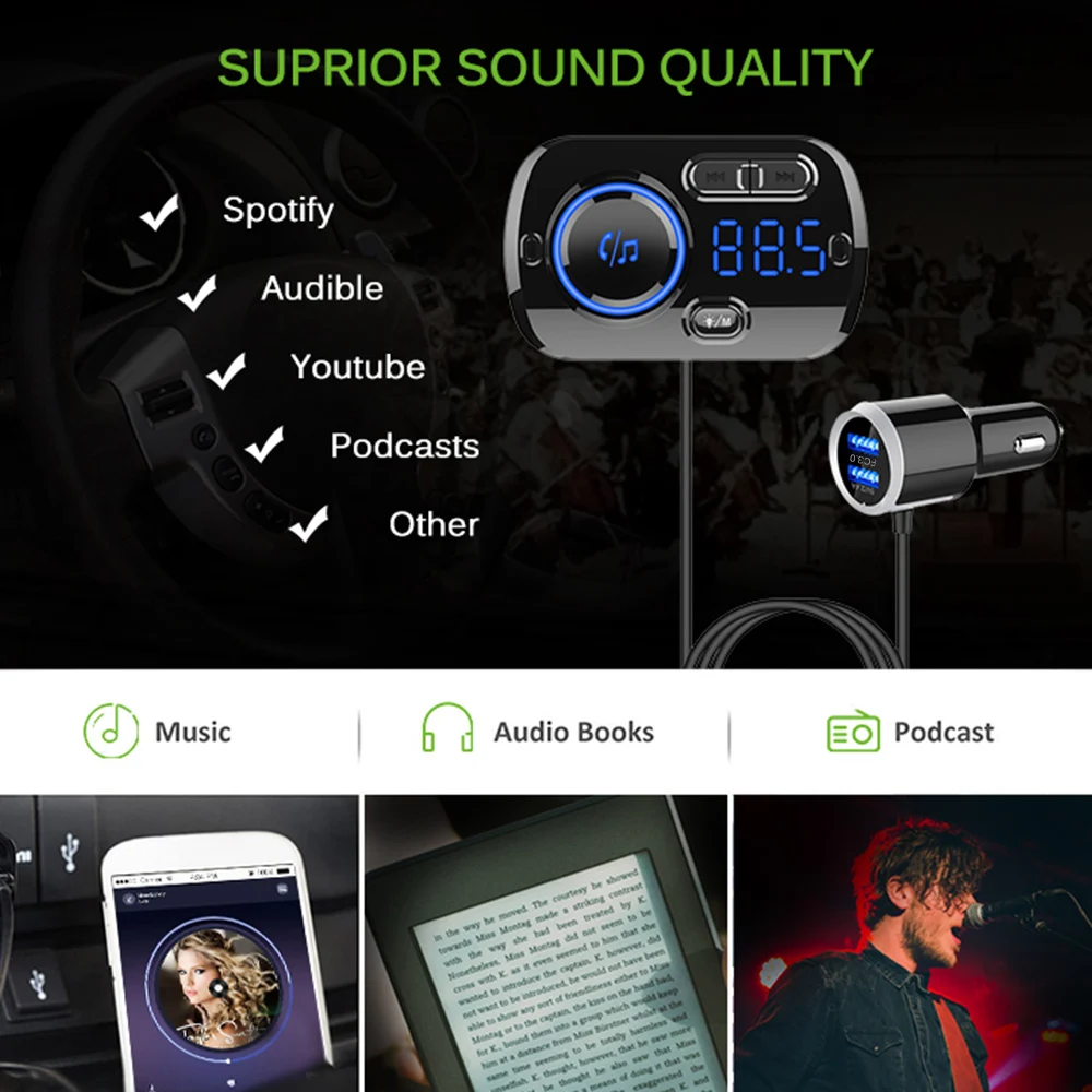 Fast Charge 3.0 FM Transmitter Dual USB charger Handsfree Bluetooth Car Kit Speaker Atmosphere Light Mp3 Player Car Electronics