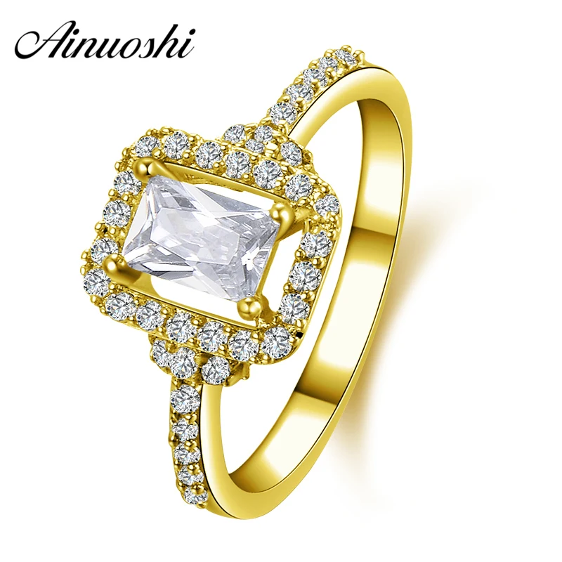 

AINUOSHI 10K Solid Yellow Gold Wedding Ring Joyeria Fina Customized 1 CT Rectangle Cut Simulated Diamond Women Engagement Rings