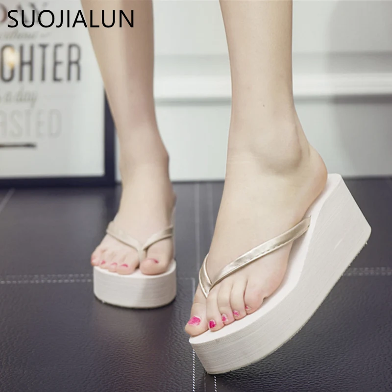 

SUOJIALUN 2018 New Summer Slippers Women Fashion Wedges Flip Flops Beach Platform Sandals Casual Beach Slippers