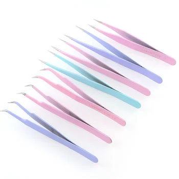 

1pc New Pink Green pick us tools Stainless Steel Curved Straight Tweezers Lashes