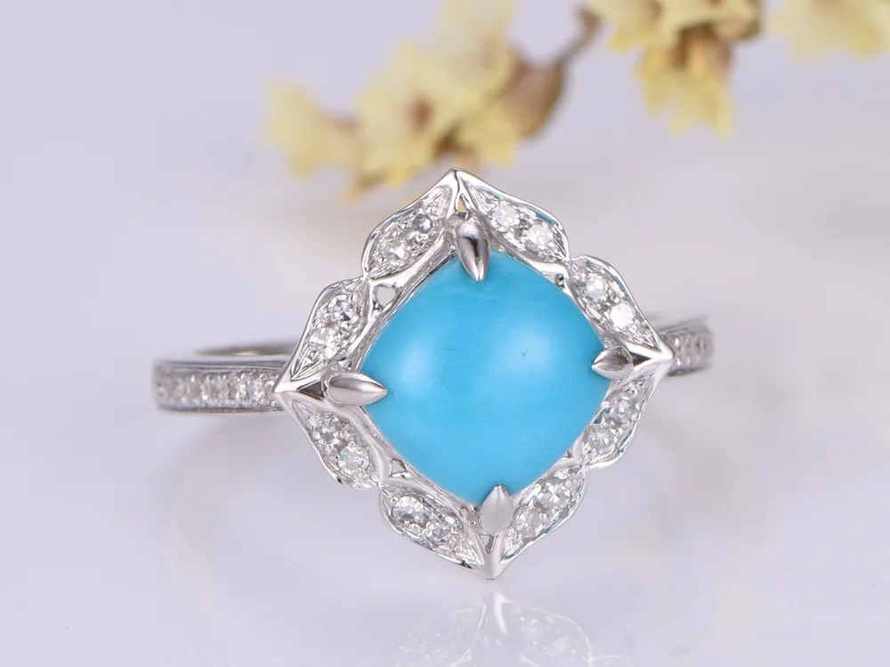 MYRAY Turquoise Engagement Ring 8x8mm Cushion Cut Stone 14K Gold,Diamond Band,Bridal Wedding