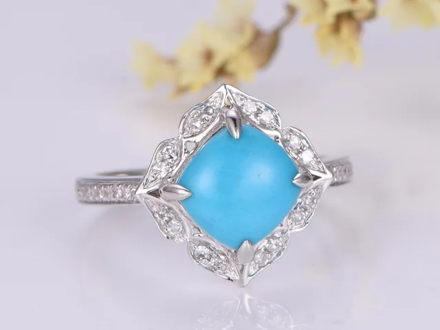 Myray Turquoise Engagement Ring 8x8mm Cushion Cut Stone 14k Gold Myray Turquoise Engagement Ring 8x8mm Cushion Cut Stone 14k Gold Diamond Band Bridal Wedding