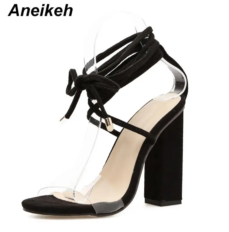 Aneikeh/летние женские босоножки на шнуровке, сандалии-гладиаторы, женские прозрачные Босоножки с открытым носком, модные туфли-лодочки, обувь на высоком каблуке - Цвет: Black