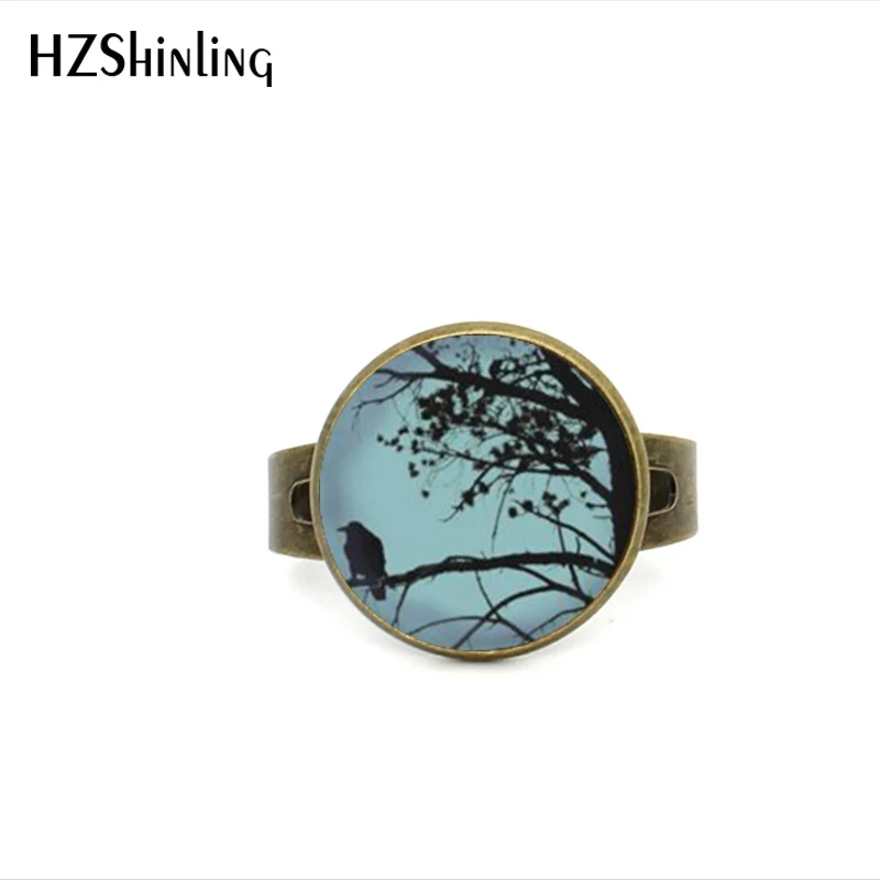 

2017 New Style Raven In Tree Ring Art Photo Round Glass Ring Antique Moon and Ravens Adjustable Ring for Girls