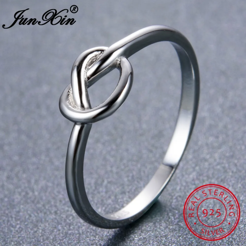 JUNXIN Minimalist Heart Knot Finger Ring Real 925 Sterling Silver Rings For Women Promise Wedding Jewelry Valentine's Day Gift