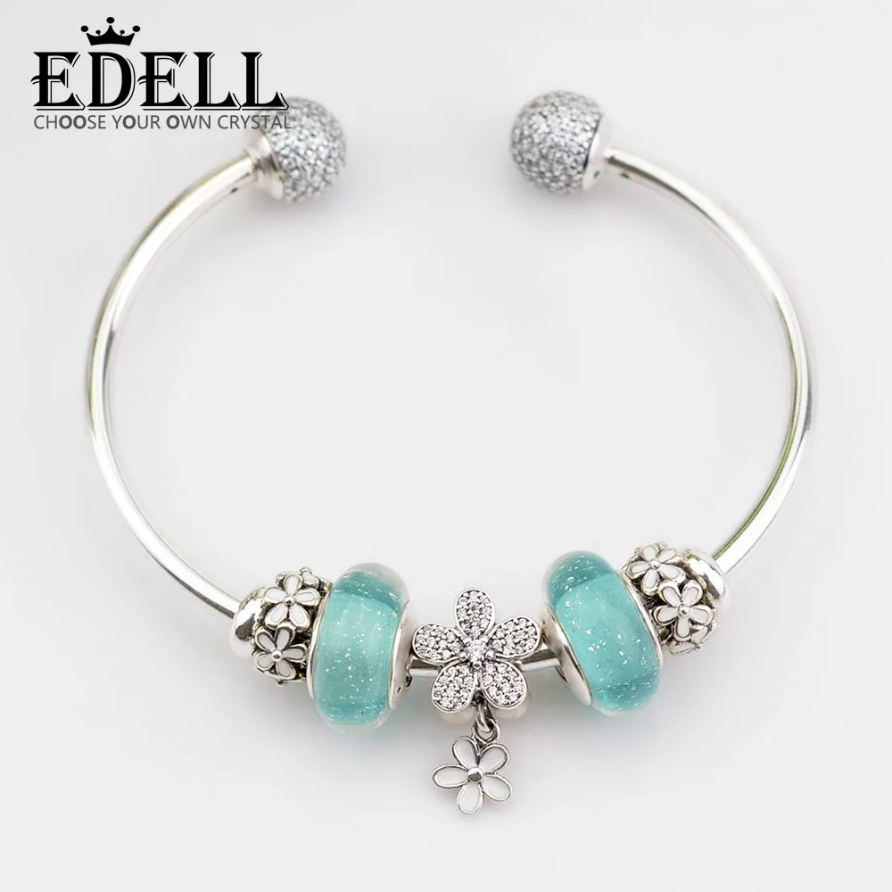 

EDELL Genuine 925 Sterling Silver Bracelet For Set Women Spring Green flower Lei birthday Gift charm Bead Jewelry DIY bangle