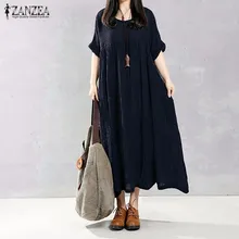 ZANZEA мода Boho плиссированные платья 2016 Для женщин длинное платье Повседневное свободные хлопковые район короткий рукав Vestidos o Средства ухода за кожей шеи плюс Размеры