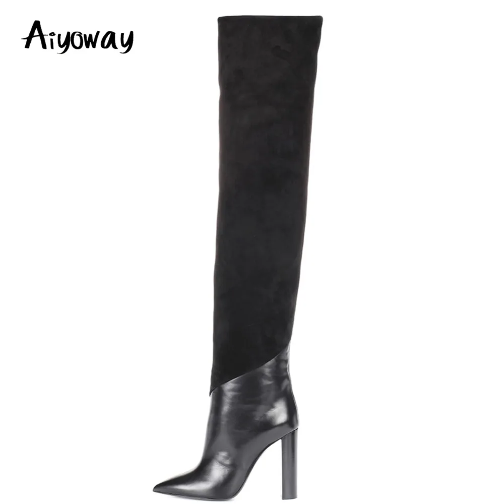 Koop Aiyoway Nieuwe Stijl Vrouwen Dames Puntschoen Hoge Hak Over De Knie Laarzen Zwart Faux Suede amp; PU Patchwork Winter sexy Lange Laarzen