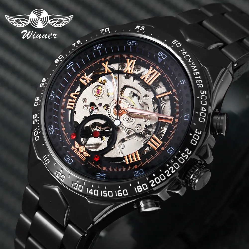 

WINNER Official Casual Mens Watches Top Brand Luxury Automatic Mechanical Watch Men Skeleton Dial Steel Band Hip Hop Wristwatch