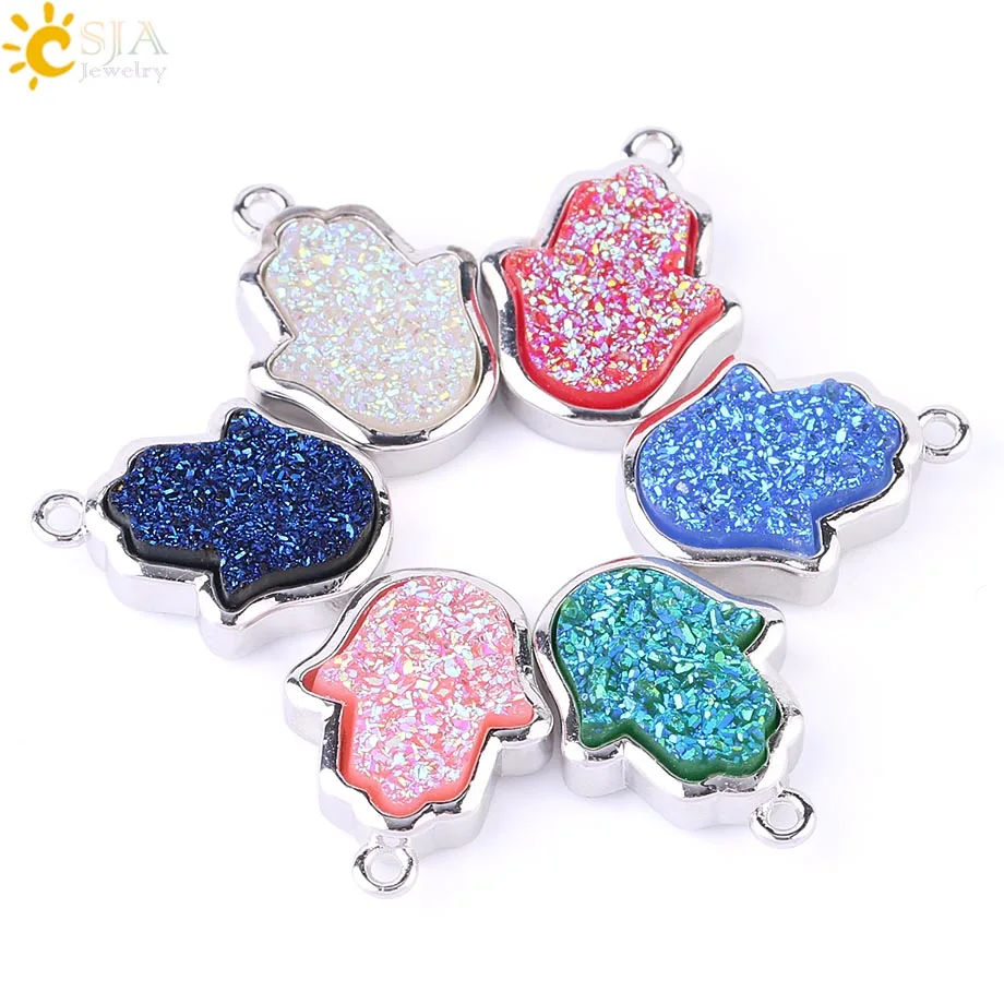 

CSJA Silver-color Hamsa Hand Connector Quartz Druzy Bead Fatima Luck Hands Loose Beads for Jewelry Making Earrings Necklace F585