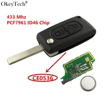 Okeytech 2 кнопки дистанционного ключа с Клинок с желобками Батарея 433 МГц PCF7961 ID46 чип CE0536 для peugeot 107 207 307 307 S 308 407 607