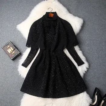 

Women Dress Set 2018 Autumn Winter Women's New Bow Shawl Cape + Lace Turtleneck Black Short Dress Female S-XL