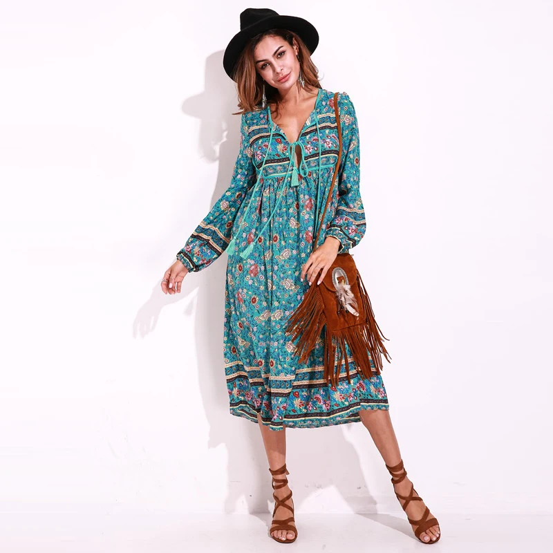 

Vintage Floral Print Chiffon Maxi Dresses Women Long Sleeve Tie V Neck Long Midi Dress Loose Skater Beach Sundress Kaftan