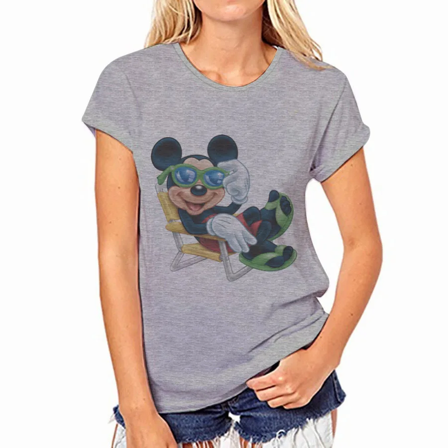 

New foreign trade grey print female round collar short sleeve mouse T-shirt