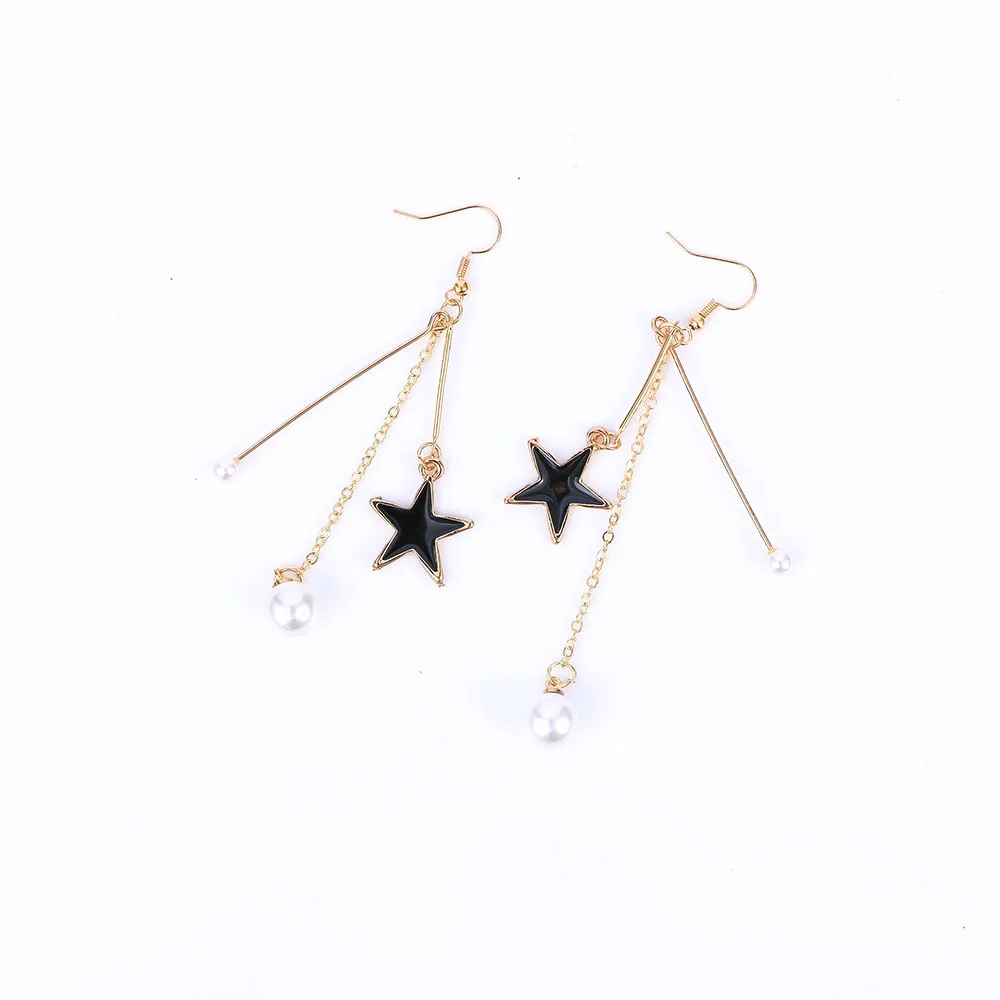 

1 Pair Nice Korean Type Temperament For Girl Pendientes Cute Black Star Simulated Pearl Long Tassel Earring Jewelry