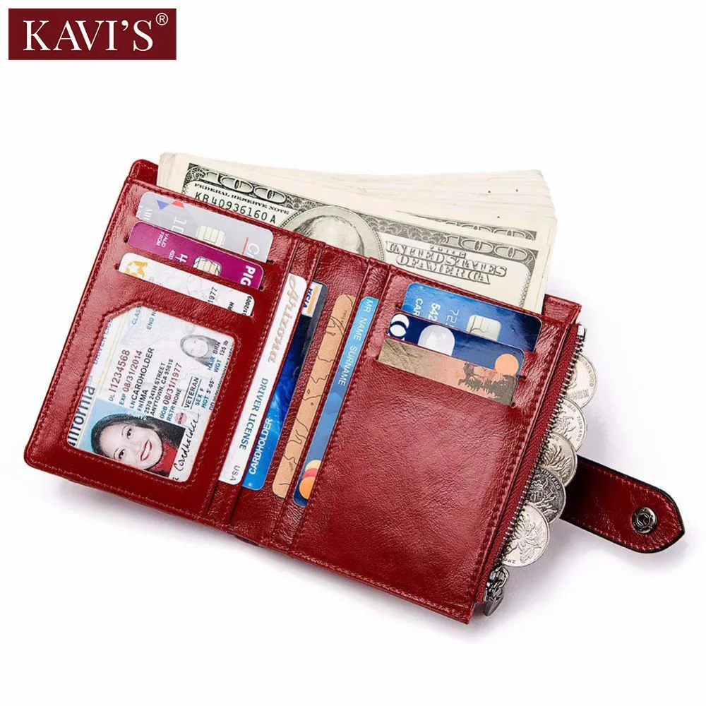 

KAVIS 100% Genuine Cow Leather Women Wallet Female Red Slim Coin Purse Small Portomonee Zipper Clutch Money Bag Lady Card Holder