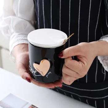 

Creative Ceramic Cup Heart Shape Love Couple Cup with Cover Spoon Mug Office Coffee Cup 3