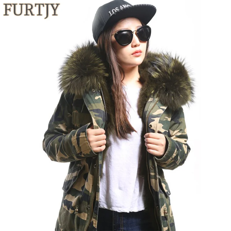 

MaoMaoKong 2018 fox fur lining Camouflage fur coat women's outwear detachable winter jacket Large raccoon fur collar hooded coat