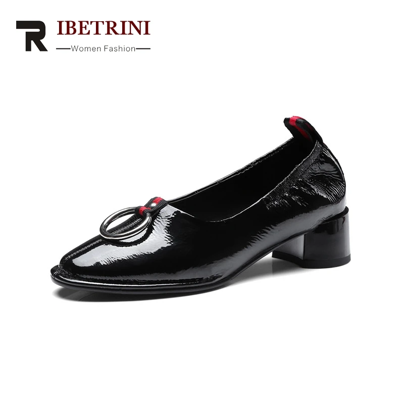 

RIBETRINI New Fashion Genuine Leather Solid Square Med Heels Shallow Shoes Woman Casual Spring Pumps Big Size 34-43