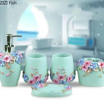 

European Style Emboss Resin Bathroom 5-piece Set Toothbrush Holder Home Bathroom Supplies Wedding Gift