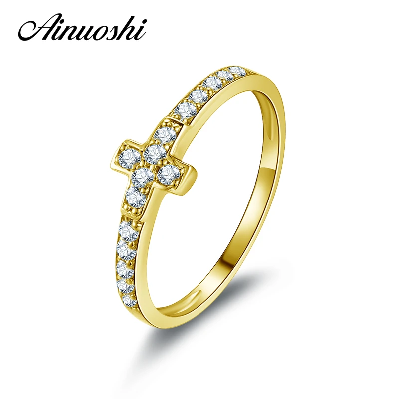 

AINUOSHI 10K Solid Yellow Gold Wedding Ring Micro Pave Simulated Diamond Engagement Anelli Small Cute Cross Lady's Jewelry Rings