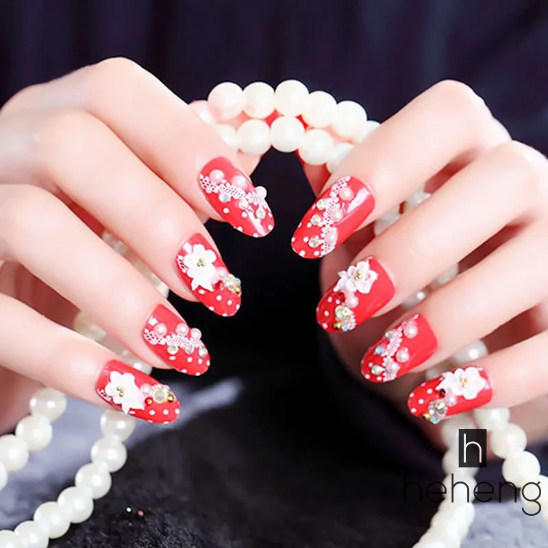24 Pieces Set For Wedding Decoration Red Fake Nails Red 3D Carved Pearl Manicure Back Glue 4