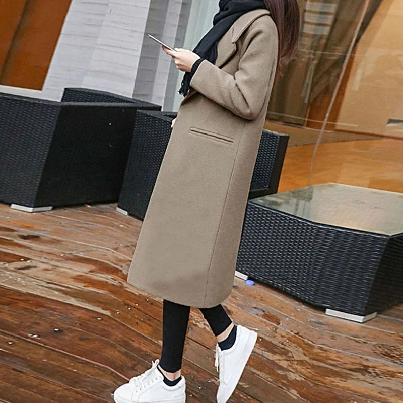 Женское осенне-зимнее шерстяное и смесовое длинное пальто с длинным рукавом и отложным воротником, с карманами на одной пуговице, Женская Повседневная тонкая верхняя одежда