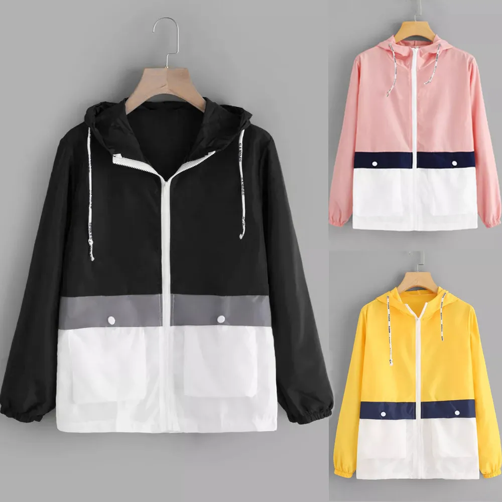 Fashion New Coats And Jackets Women Long Sleeve Patchwork Thin Skinsuits Hooded Zipper Pockets Coat 2020 Autumn | Женская одежда