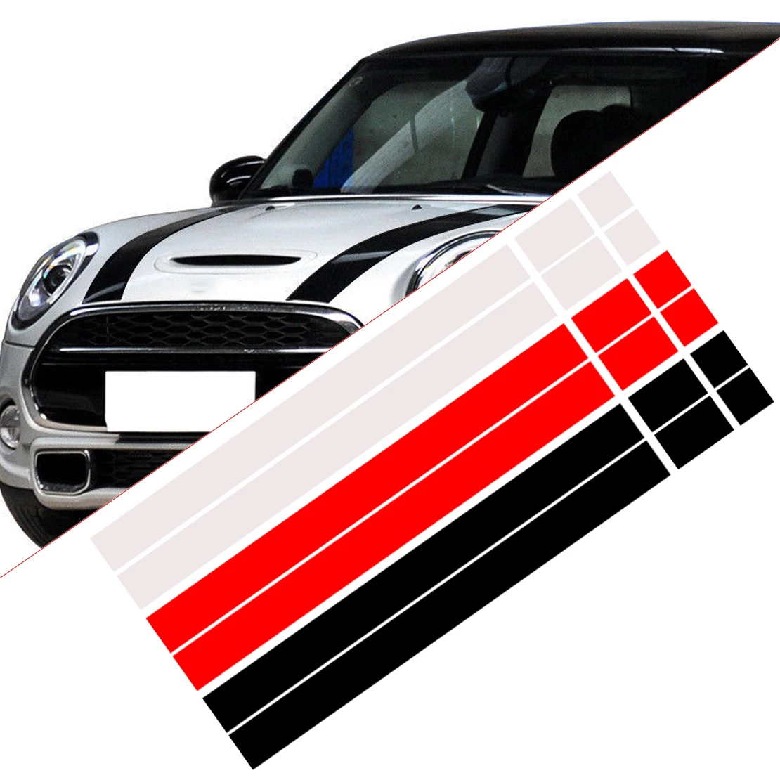 CITALL 2Pcs Vinyl Car Bonnet Stripes Hood Sticker Cover Decal dWm2754536 Fit for MINI Cooper R50 R53 R56 R55 Black/White/Red