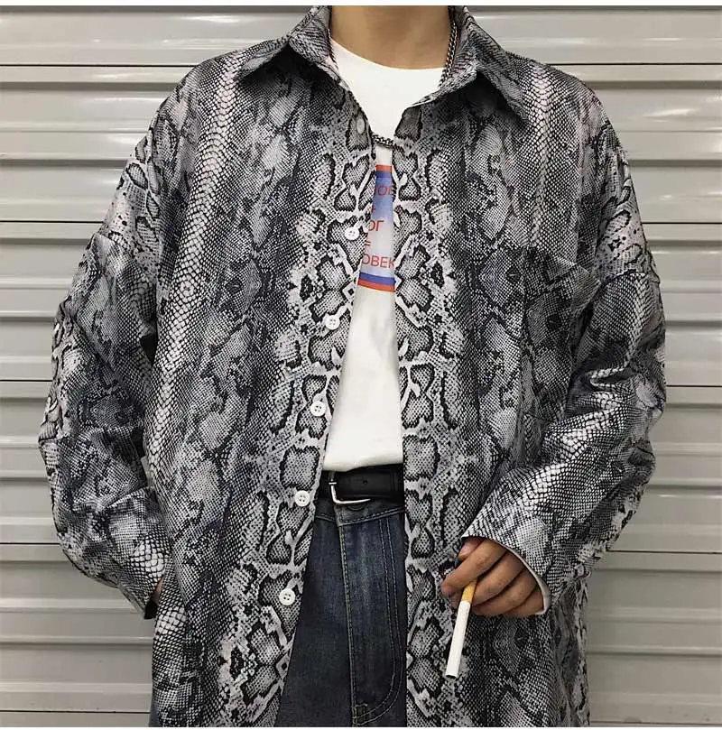 Мужские рубашки со змеиным принтом, весенние, с длинным рукавом, в винтажном стиле, мешковатые, повседневные рубашки, мужские свободные японские рубашки Харадзюку, его и ее