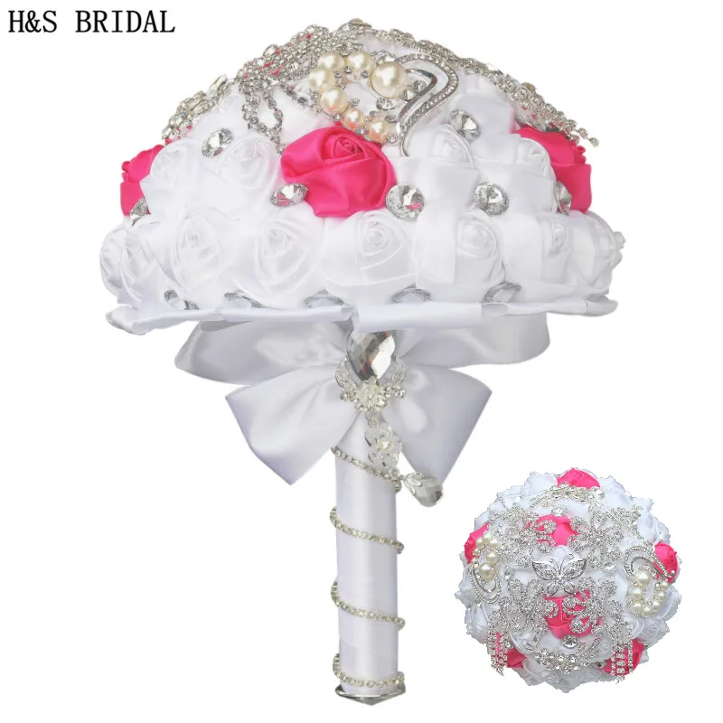 H & S свадебный белый с кристаллами, атласное свадебное букет невесты букет de mariage свадебные цветы Свадебные букеты 2019