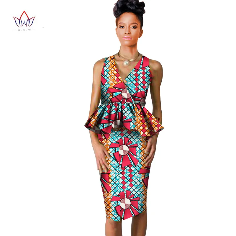 african dresses for women Dashiki v-neck skirt set sexy& club Bazin Riche africa print knee-length dress cotton 6xl BRW WY804