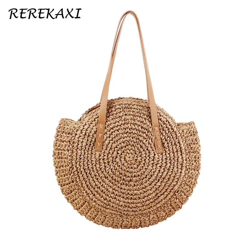  REREKAXI Hand-woven Round Woman's Shoulder Bag Handbag Bohemian Summer Straw Beach Bag Travel Shopp - 32884510075