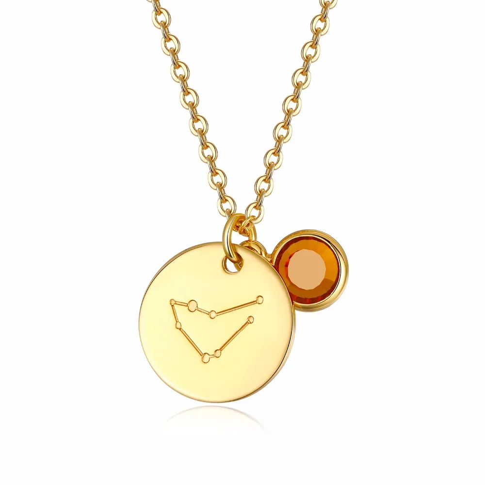 

3UMeter Personalized Zodiac Necklace Birthstone Horoscope Astrology 12 Constellation Gold Color Disc Necklaces Birthday Gift