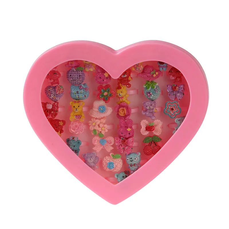36pcs Mixed Animals Flower Metal Resin Girls Children Adjustable Rings Cartoon Finger Jewelry Pink Heart Shaped Box