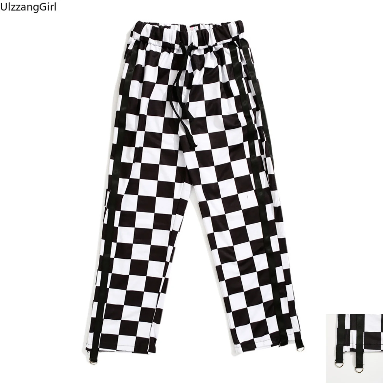 

Patchwork Ribbon Ring Side Stripe Loose Straight Checkerboard Plaid Cotton Sweatpant Harajuku Streetwear Korean Pant Tracksuit