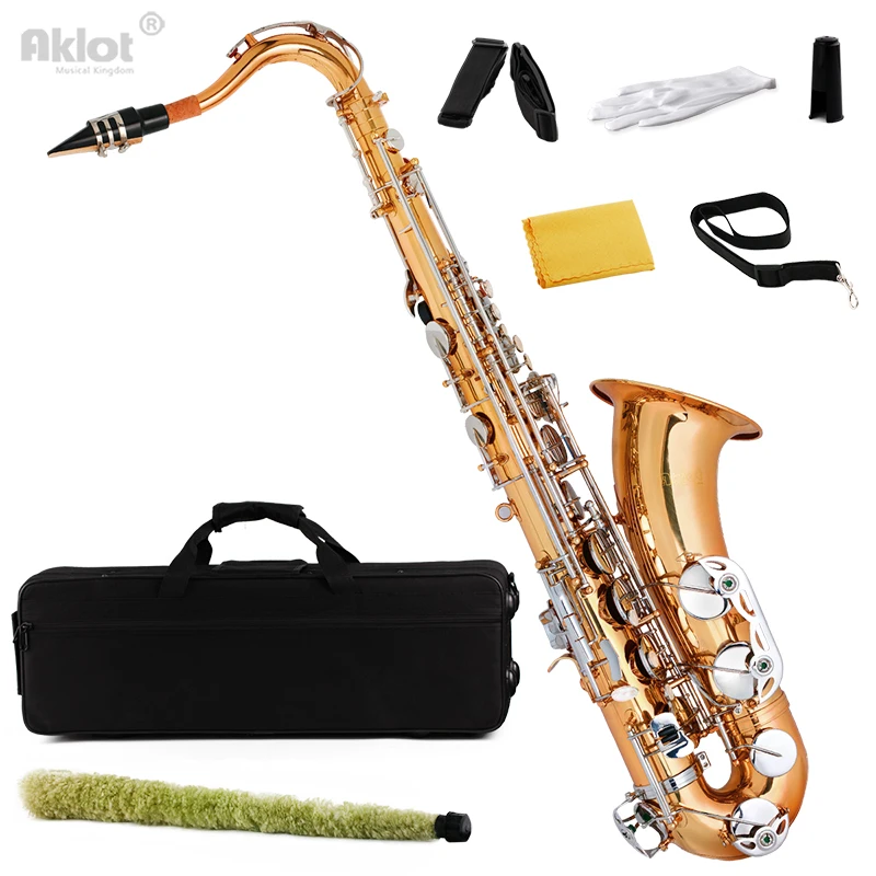 Aklot Bb Tenor Saxophone Sax Gold Brass Body Nickel Key Best Wind