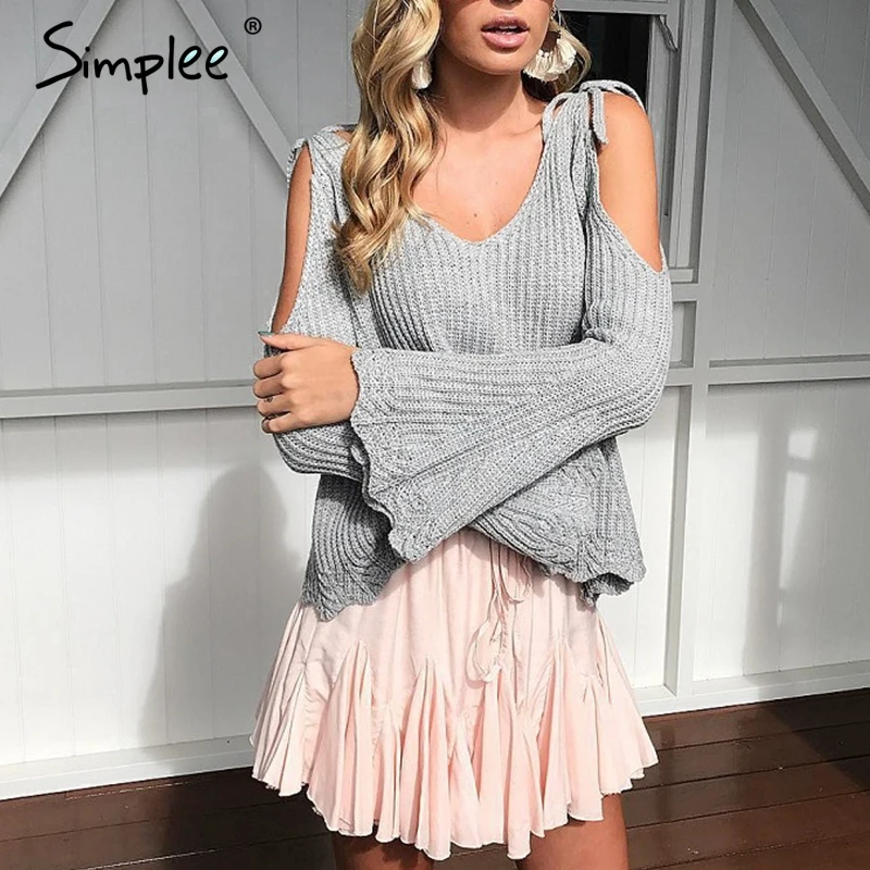 Simplee الباردة الكتف قطع محبوك سترة المرأة مثير v الرقبة حزام flare كم البلوز فضفاض سحب الشارع الشهير البلوز الإناث