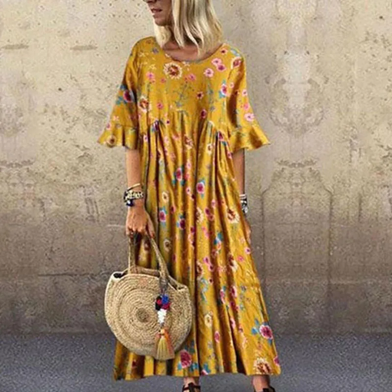New Ladies Casual Loose Printed Short Sleeve Round Neck Beach Cocktail Party Boho Dress