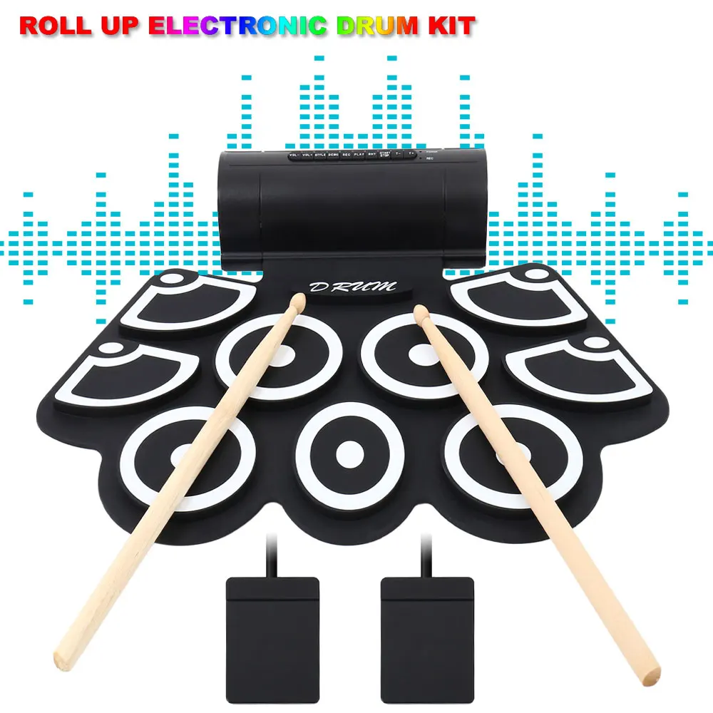 

Portable MD760 Roll Up Electronic MIDI Drum Set Kits 9 Pads Built-in Speakers Drumsticks Foot Pedals for Beginners