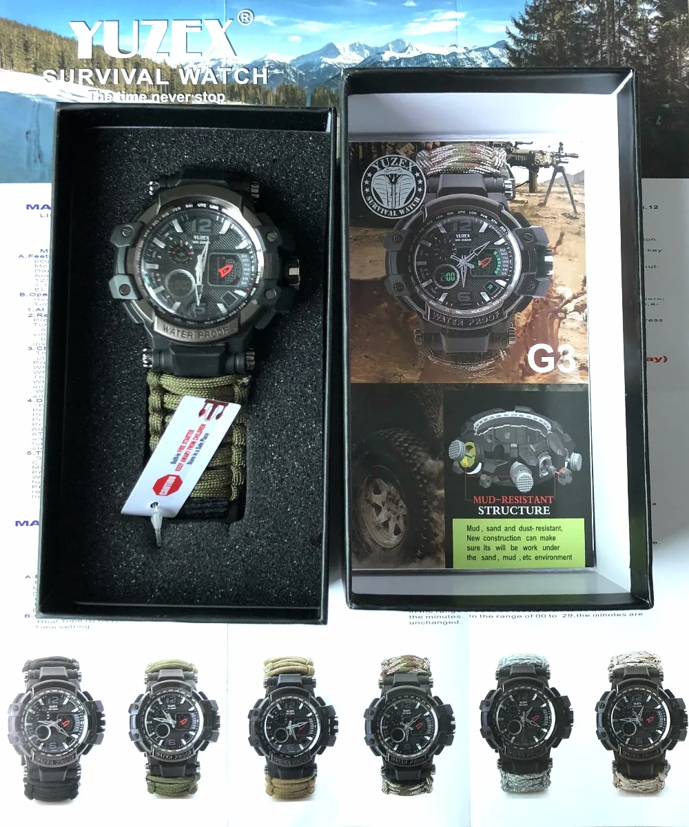 EDC.1991 Survival Watch Outdoor Camping Medical Multi-functional Compass Thermometer Rescue Paracord Bracelet Equipment Tool kit