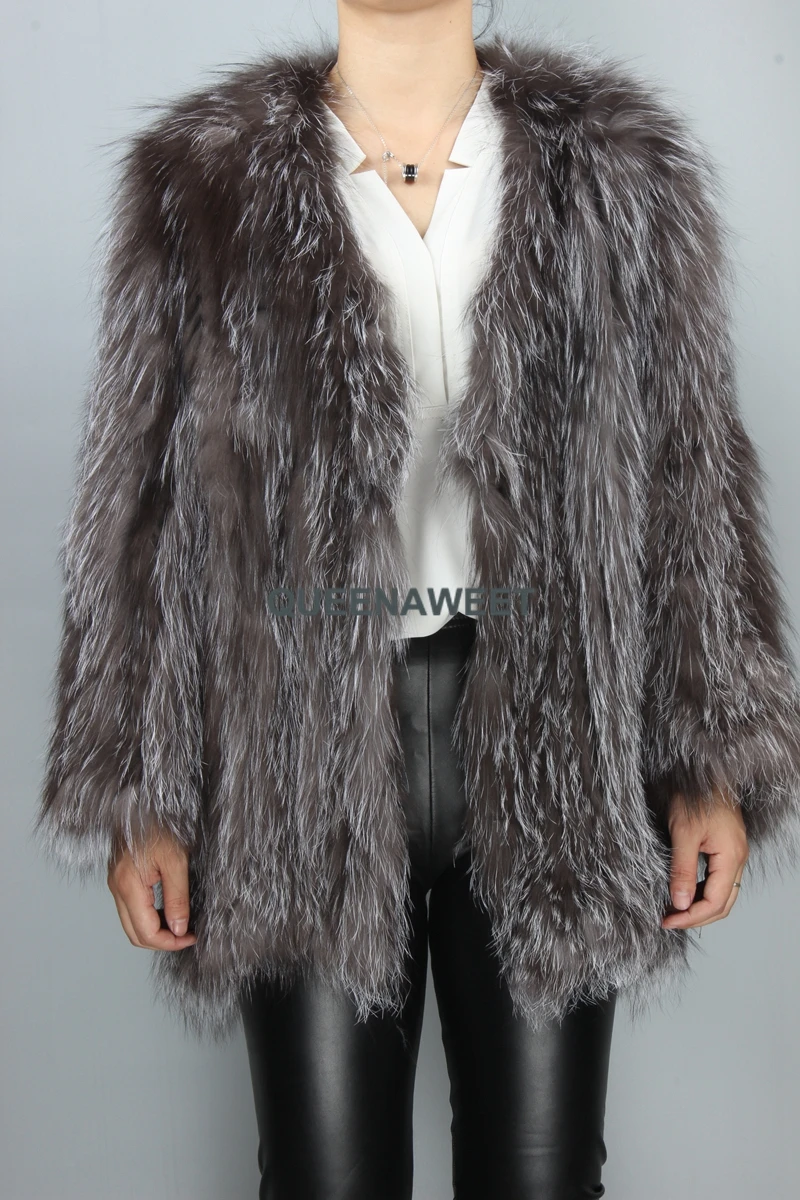 

New Arrival Wholesale Fur Coat Knit Silver Fox Fur Overcoat Women Winter Real Jacket Full Sleeves Outerwear