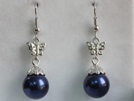 

hot sell new - Fashion Silver Filled Butterfly With 12mm dark blue Shell Pearl Earrings ER00076